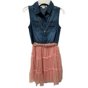 Knit Works Girls Blue Denim & Pink Tulle Dress Gold Sparkle Belt, Size L NWT